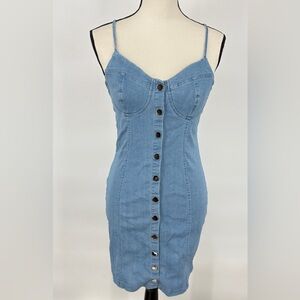 Iris Denim Mine Bodycon Dress Spaghetti Strap  Woman's Size Medium  Button Front